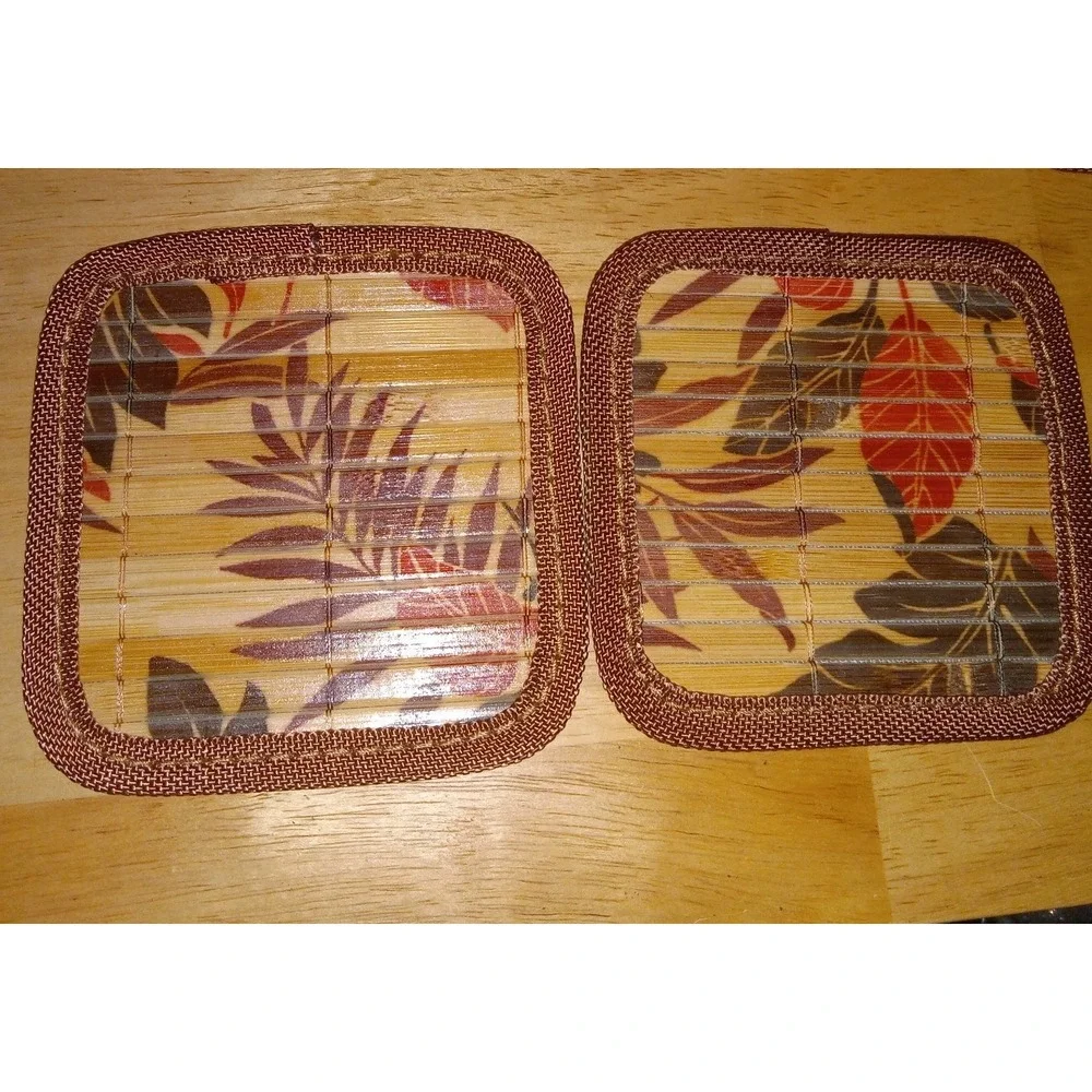 6 Pc‎ Hawaiian Japanese Asian Bamboo Art Floral Coaster Set